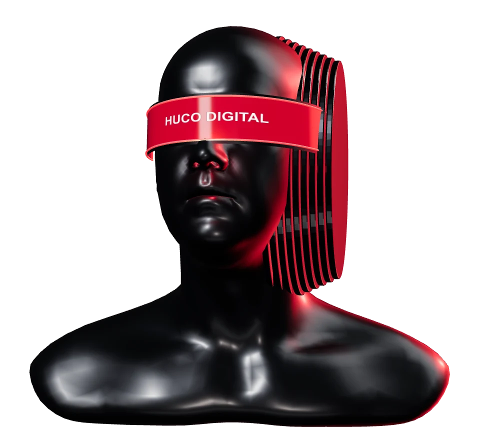 Graphite HUCO sculpture with a red HUCO DIGITAL visor