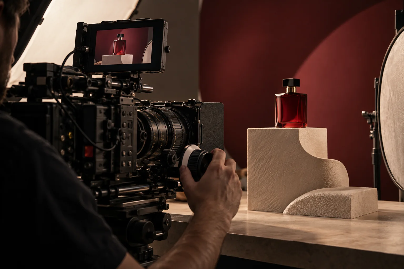 Cinema camera filming a red perfume bottle on an ivory studio set