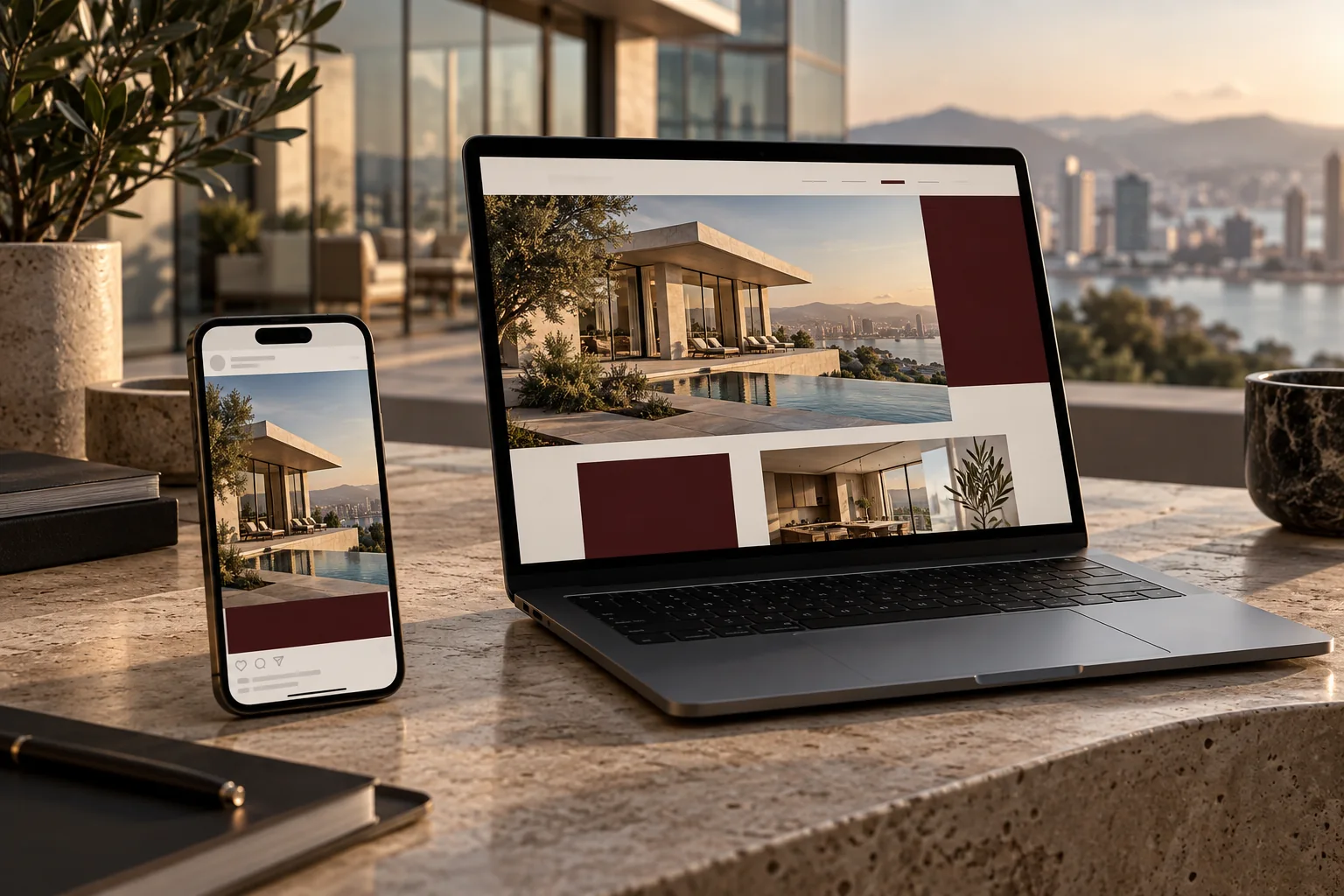 Coordinated property campaign on a laptop and phone on a sunlit travertine desk