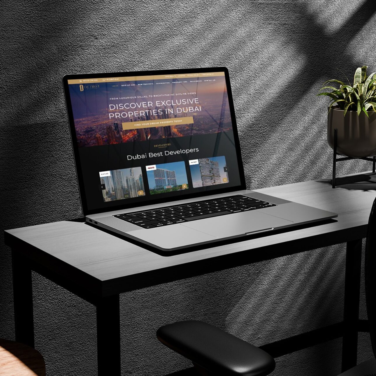 De First Properties website shown on a screen