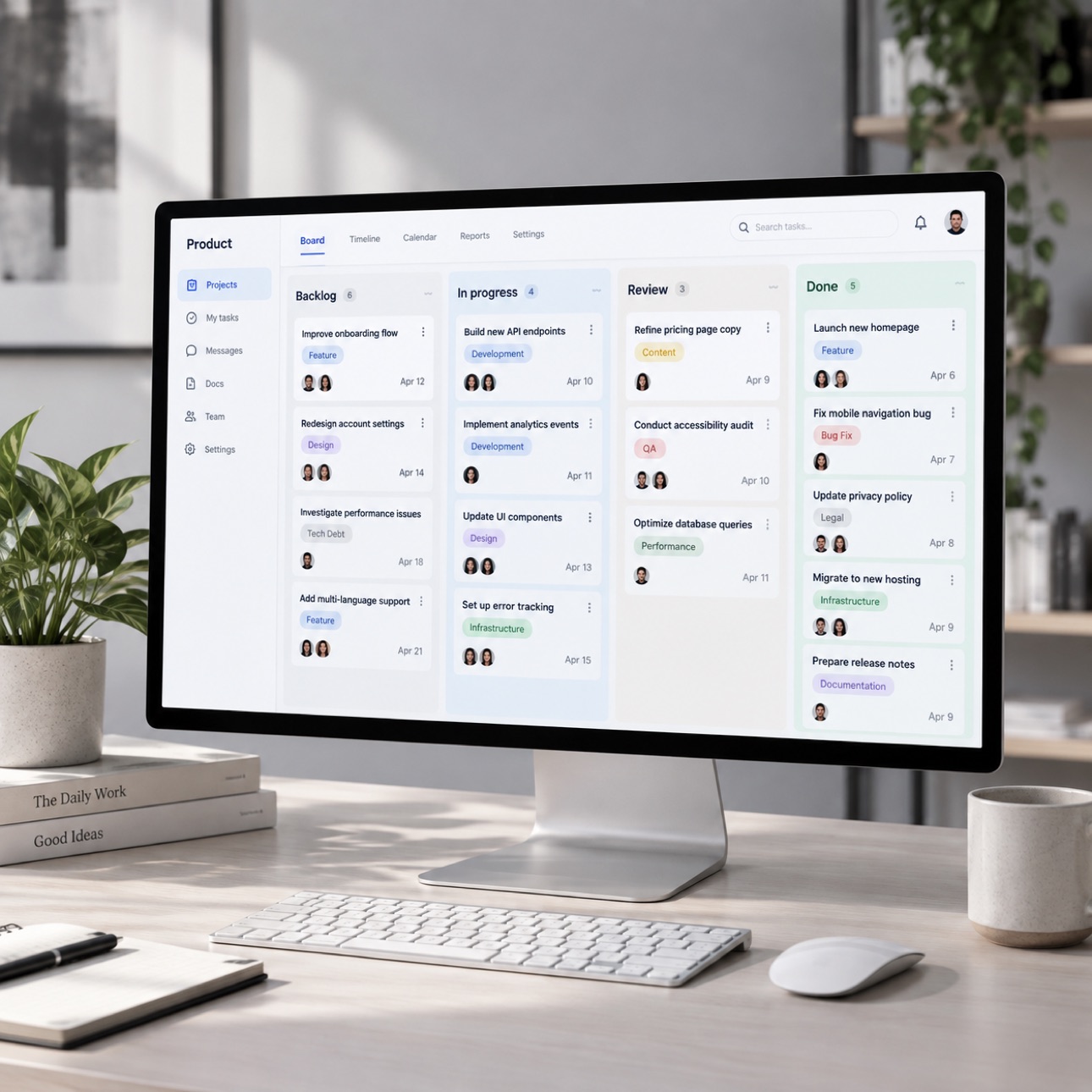 Monitor displaying a sprint planning board.
