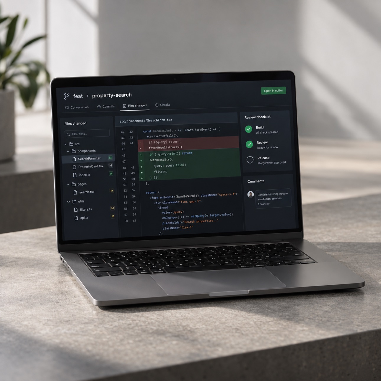 Laptop displaying a code review and release checklist.