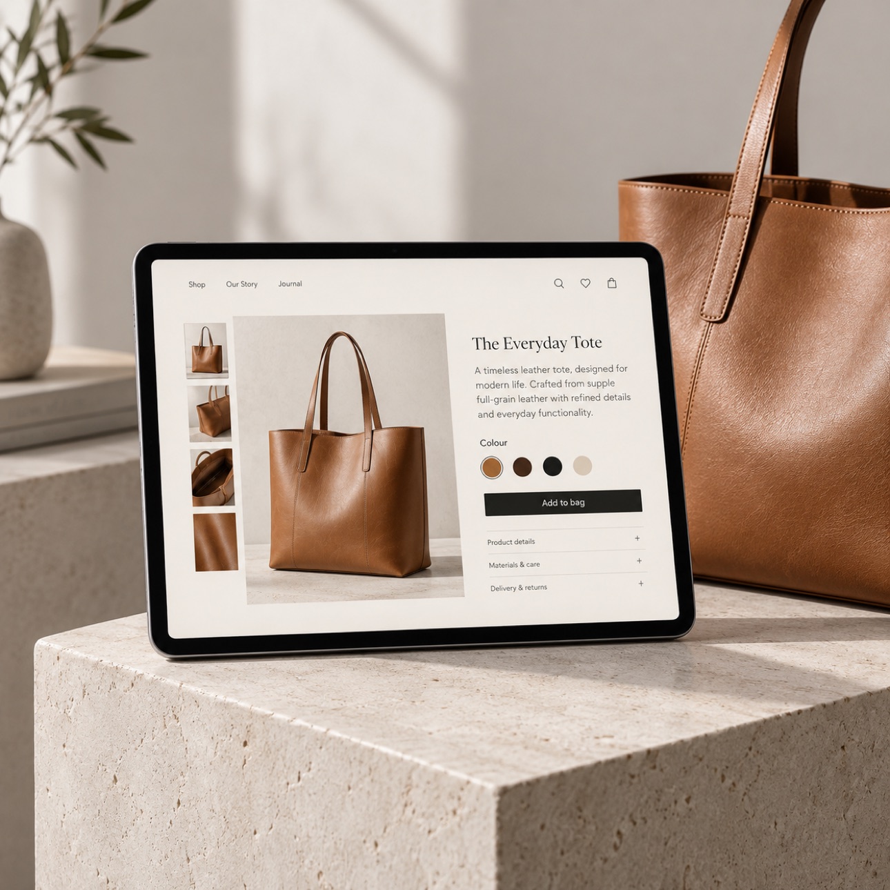 Tablet displaying a leather bag product page.