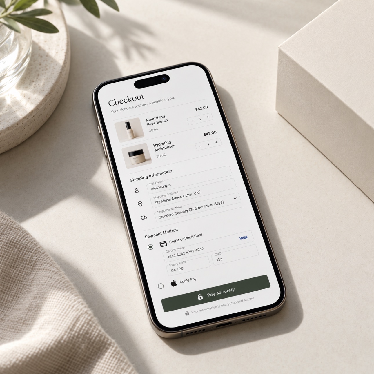Phone displaying a minimal skincare checkout.