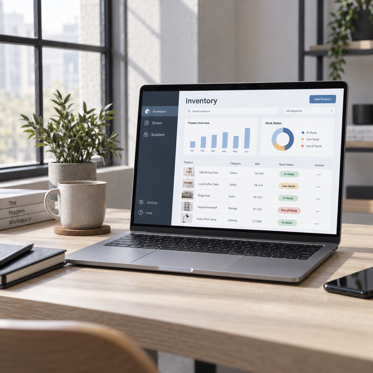Laptop displaying an inventory management application.