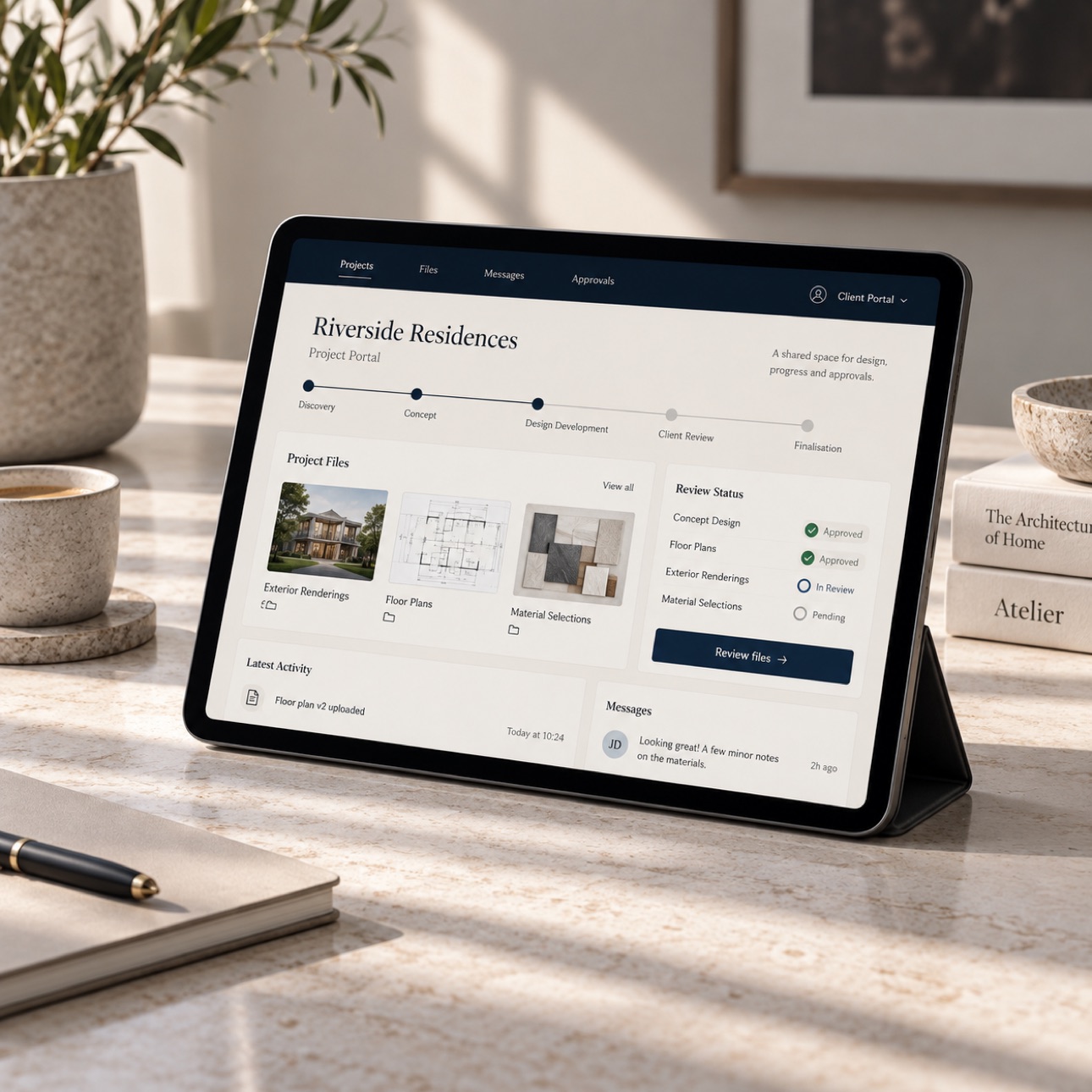 Tablet displaying a client project portal.