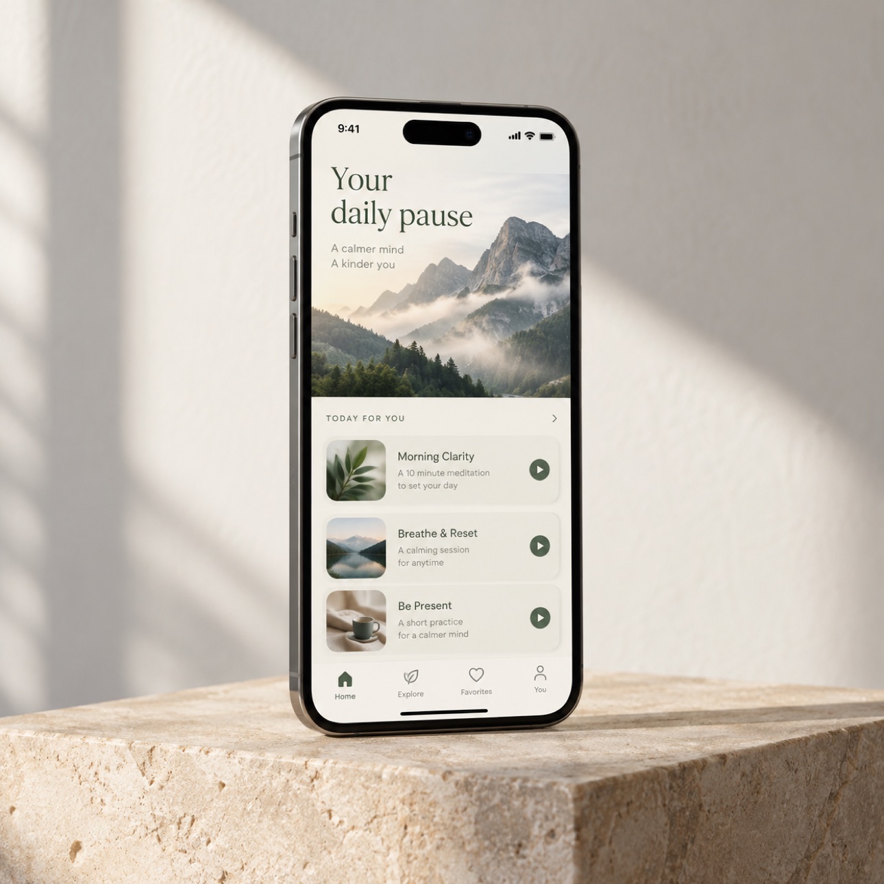 Phone displaying a calm wellness application.