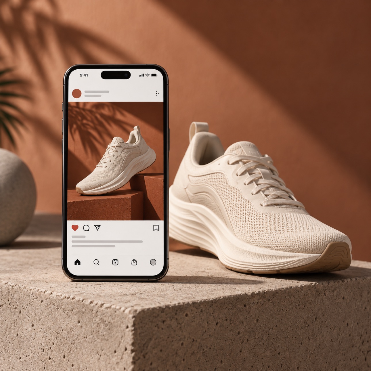 Phone displaying a sneaker advertisement beside a cream sneaker.