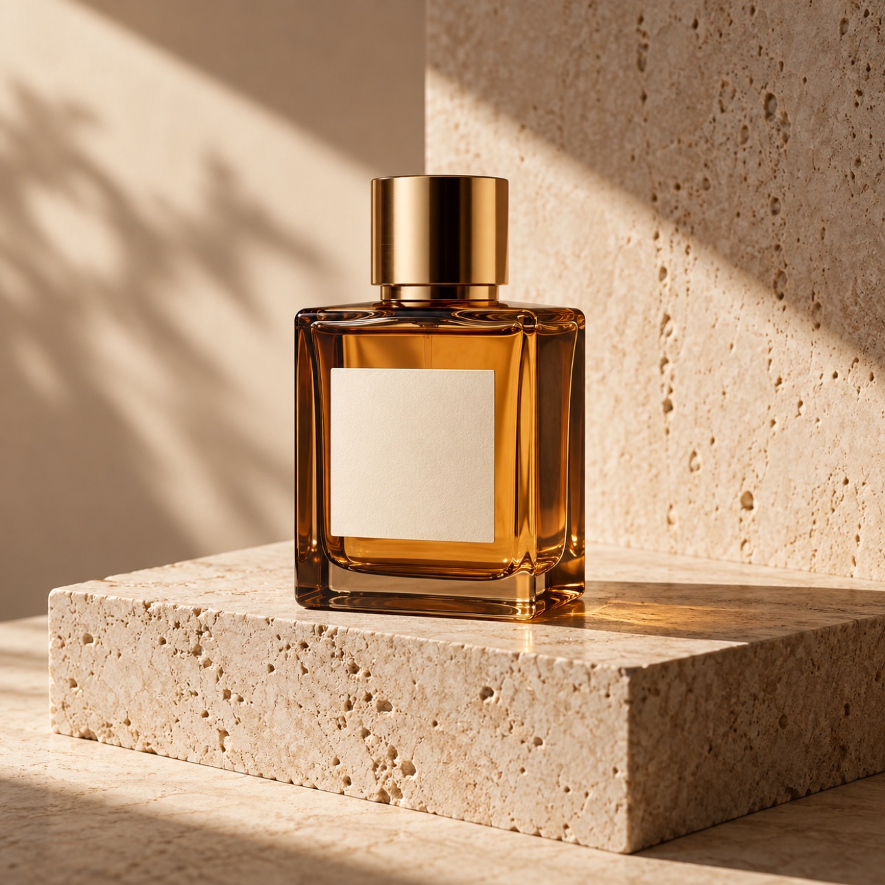 Amber fragrance bottle photographed on pale travertine.