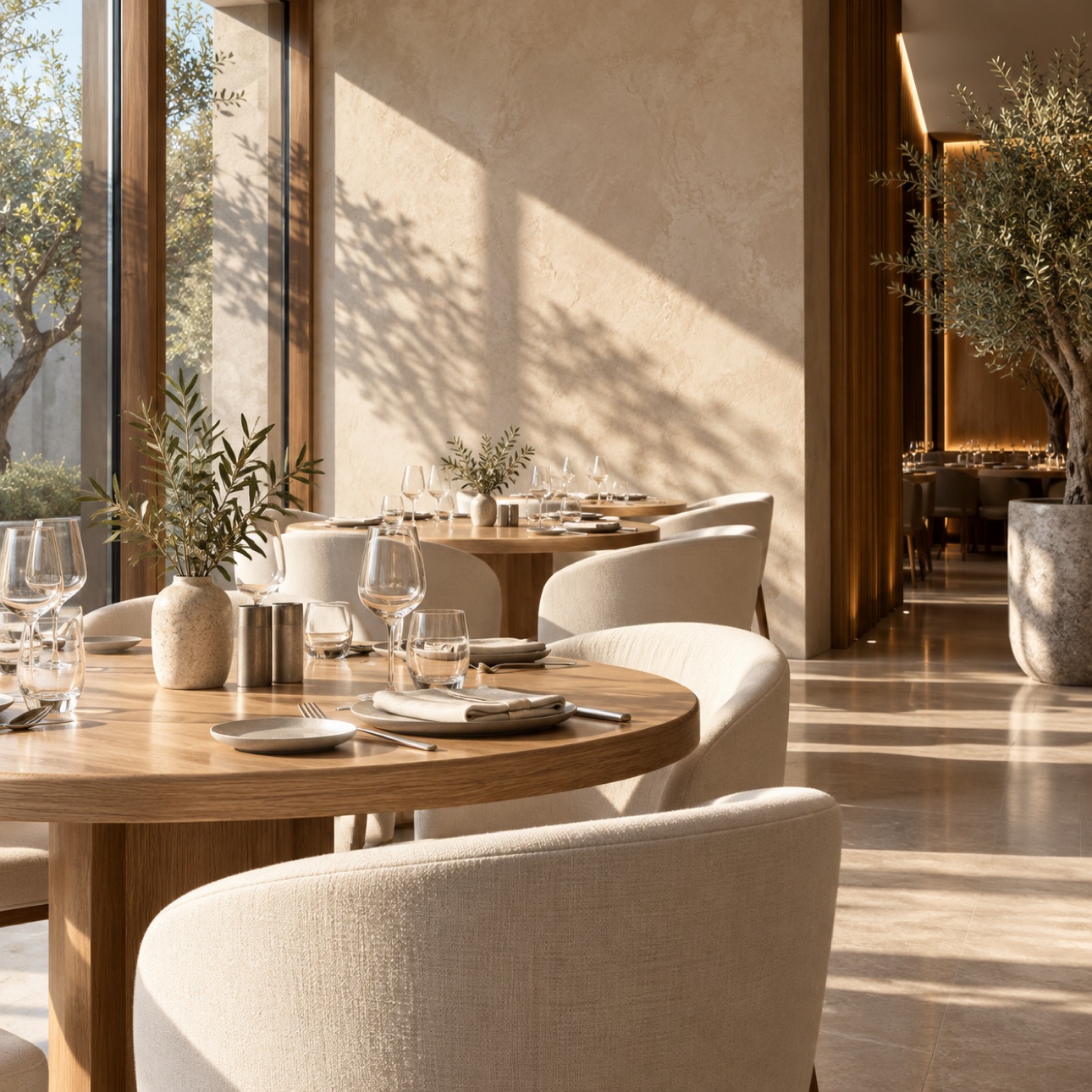Sunlit contemporary restaurant interior with warm natural materials.