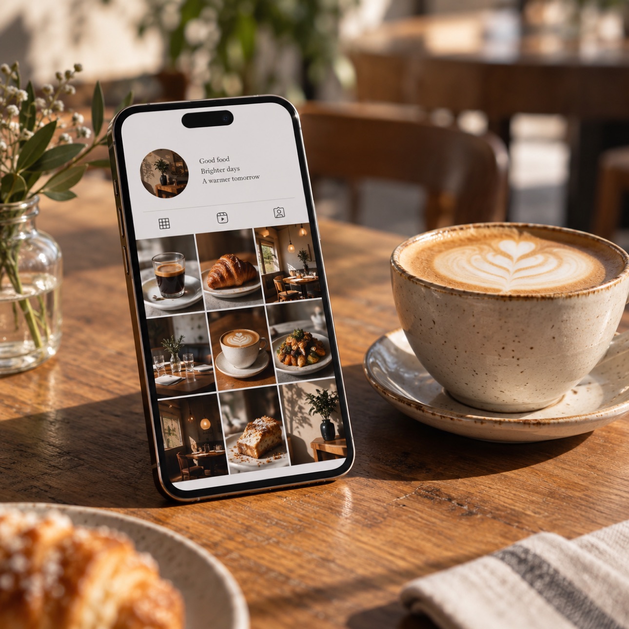 Phone displaying a restaurant social media grid.