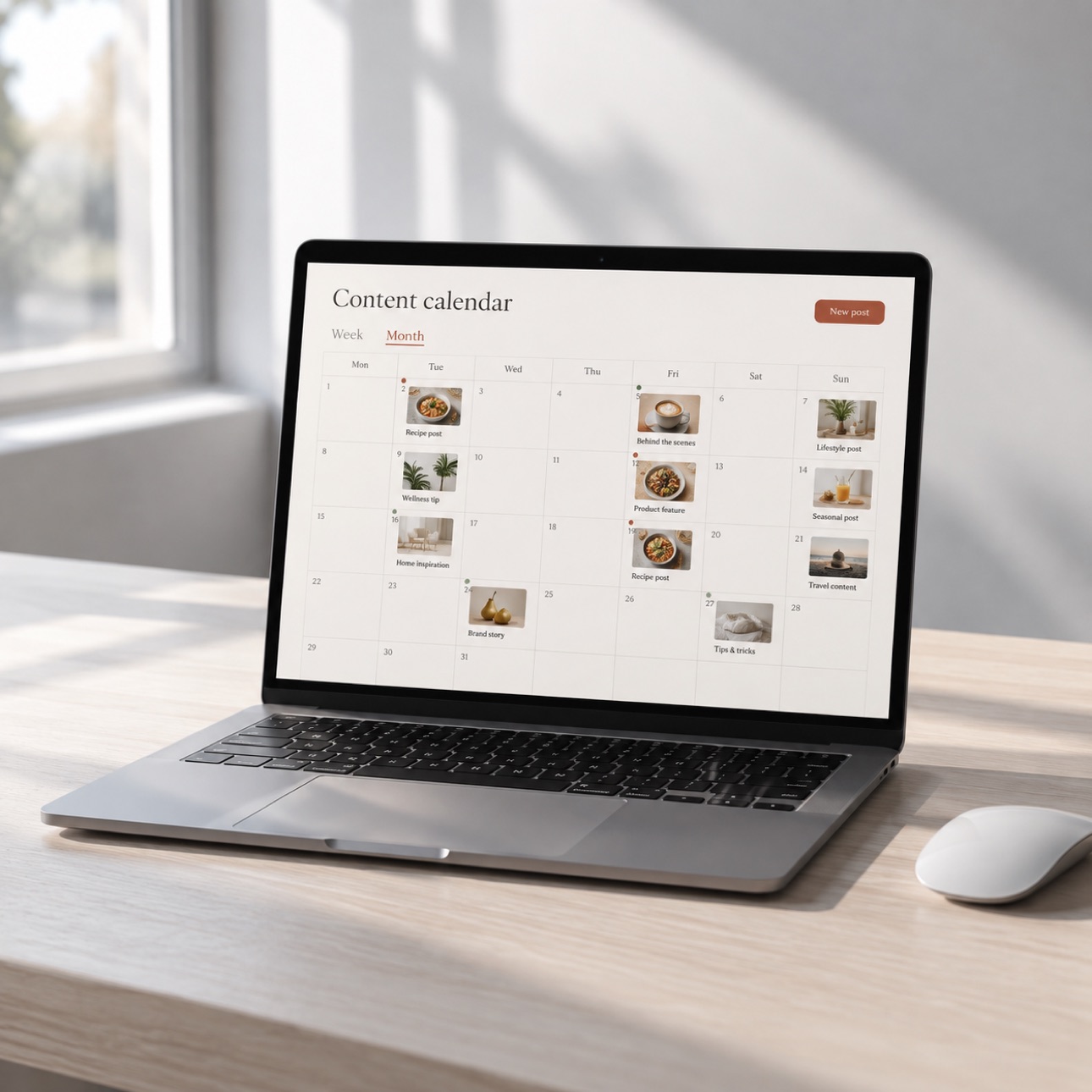 Laptop displaying a visual publishing calendar.