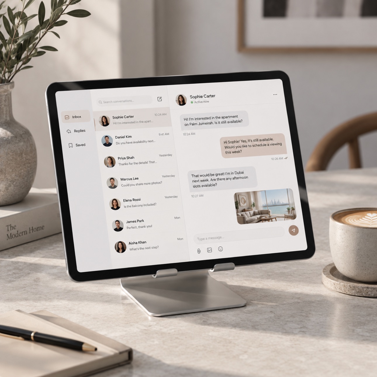 Tablet displaying a social community inbox.