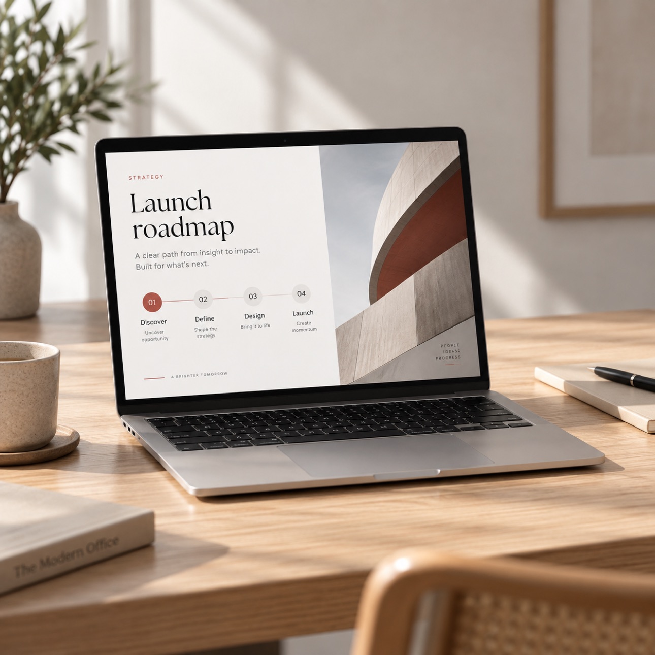 Laptop displaying a launch strategy presentation.