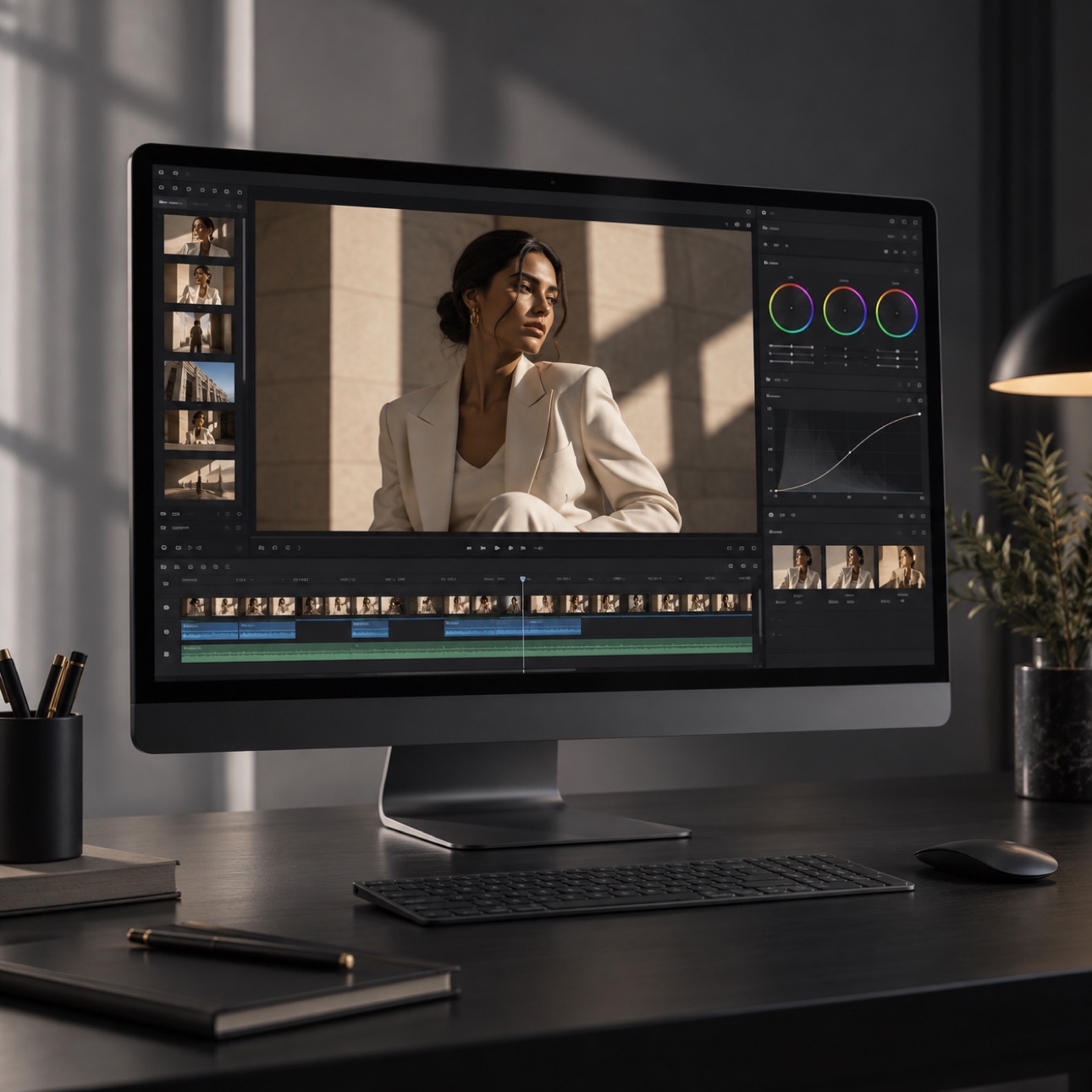 Monitor displaying a fashion film in a colour grading workspace.