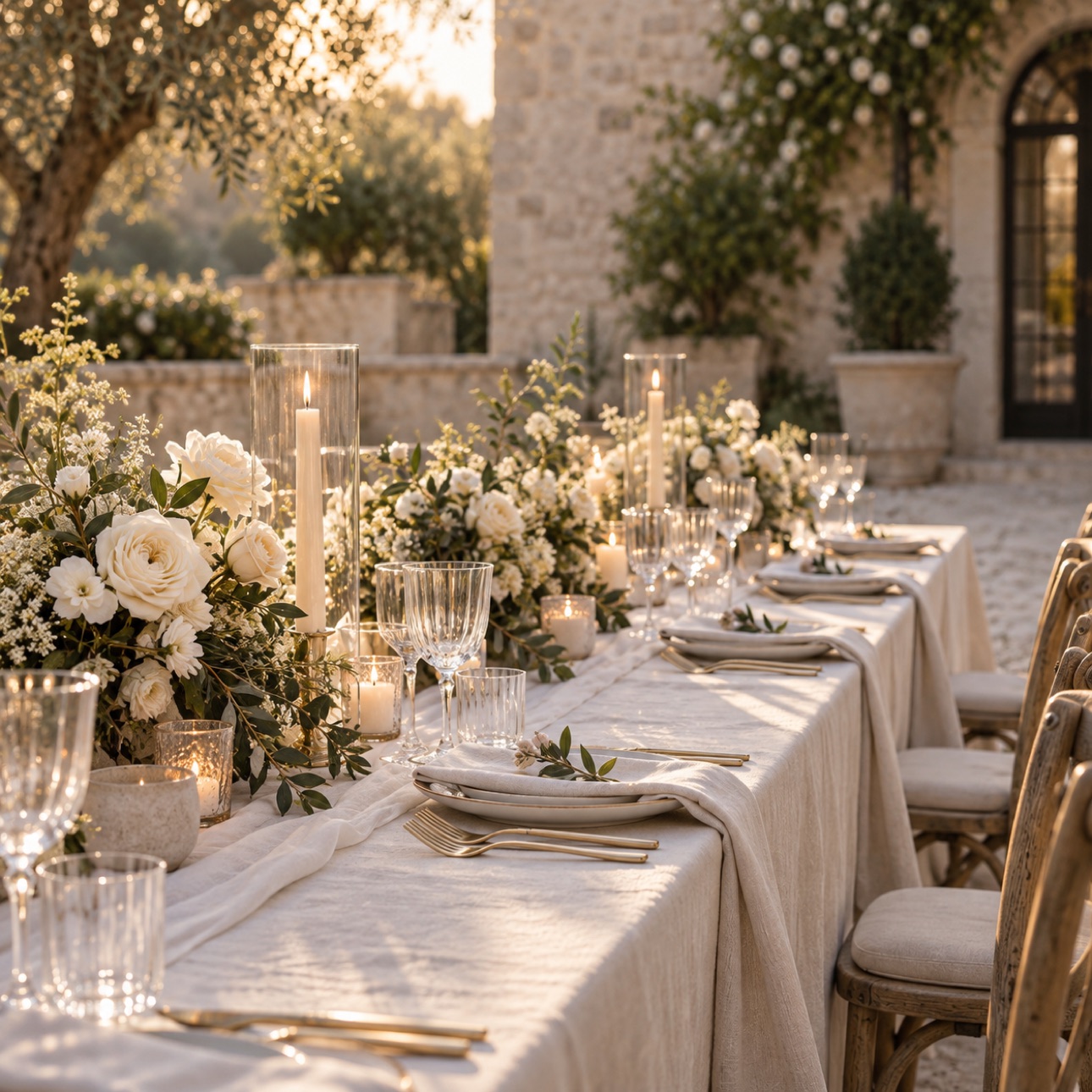 Elegant wedding reception table in a softly lit garden.