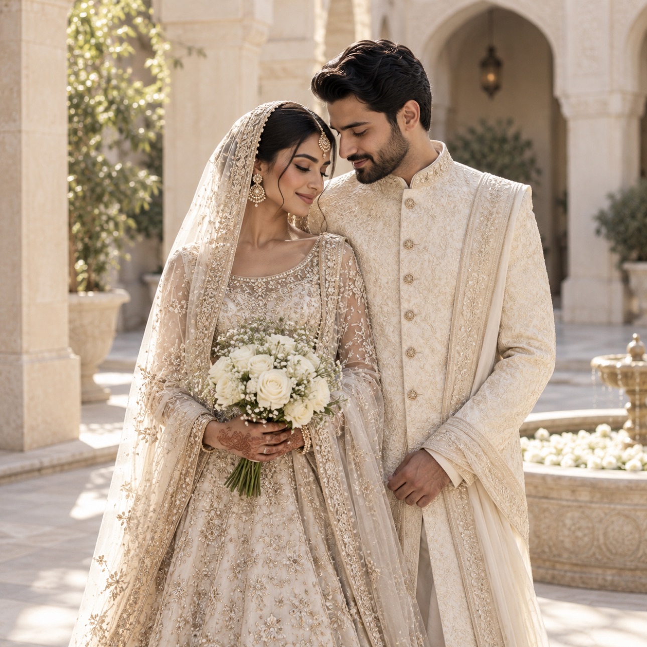 Bride and groom sharing a quiet moment in an elegant courtyard.