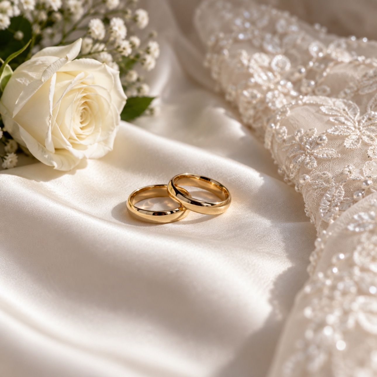 Wedding rings and ivory flowers photographed on silk.